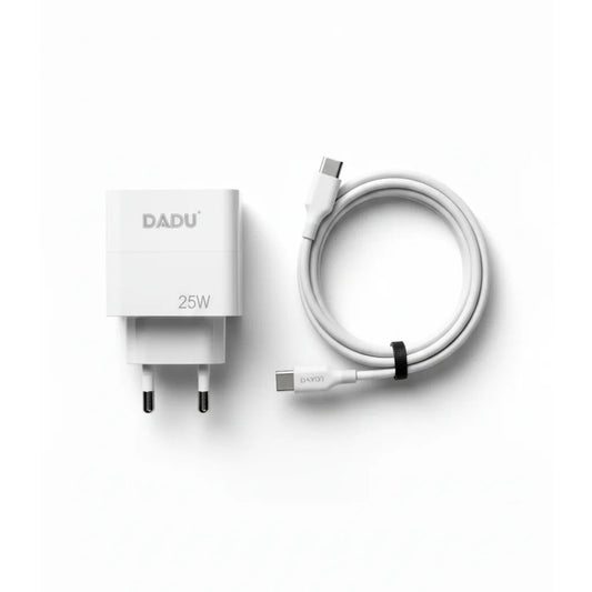 White power adapter DADU 25W and cable on a white background