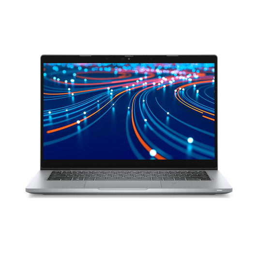 Dell Precesion 5320 Laptop with a dynamic blue and orange abstract design on the screen, on a white background