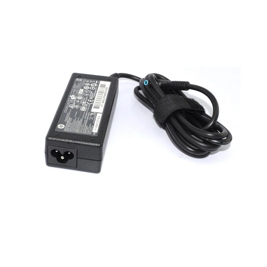 Black laptop charger with power cord on a white background