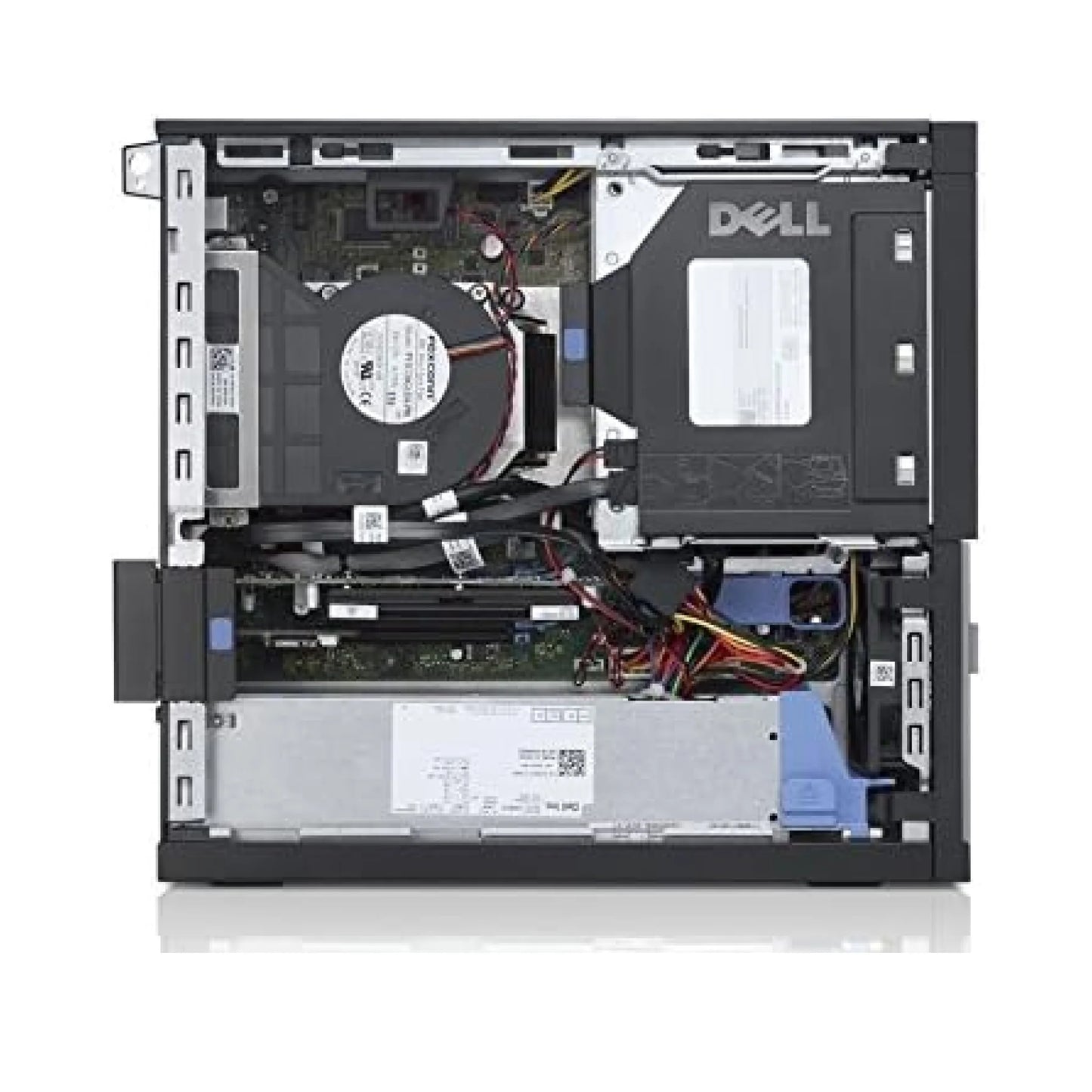 Dell computer tower with open side panel showing internal components on a white background