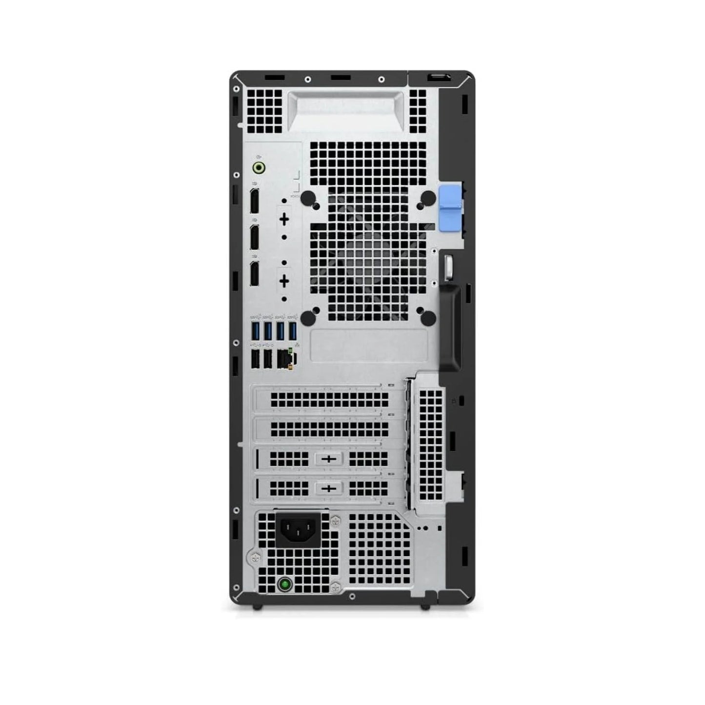 Back view of a computer tower on a white background