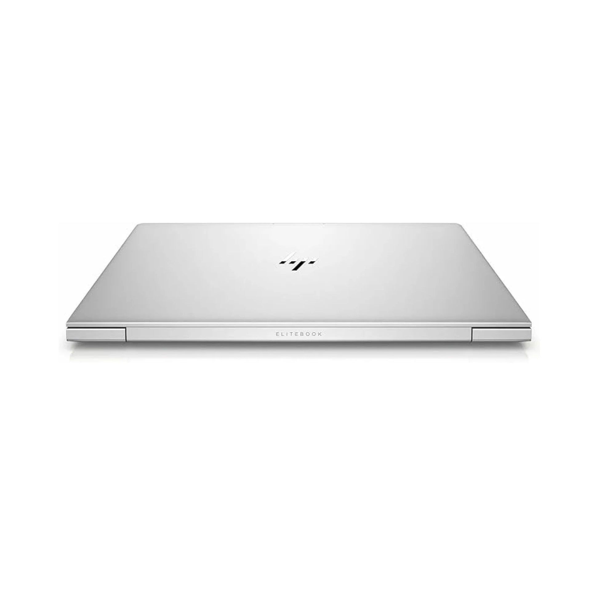 A front-facing view of the silver HP EliteBook 745 G5 laptop, open with the screen displaying a colorful wallpaper.