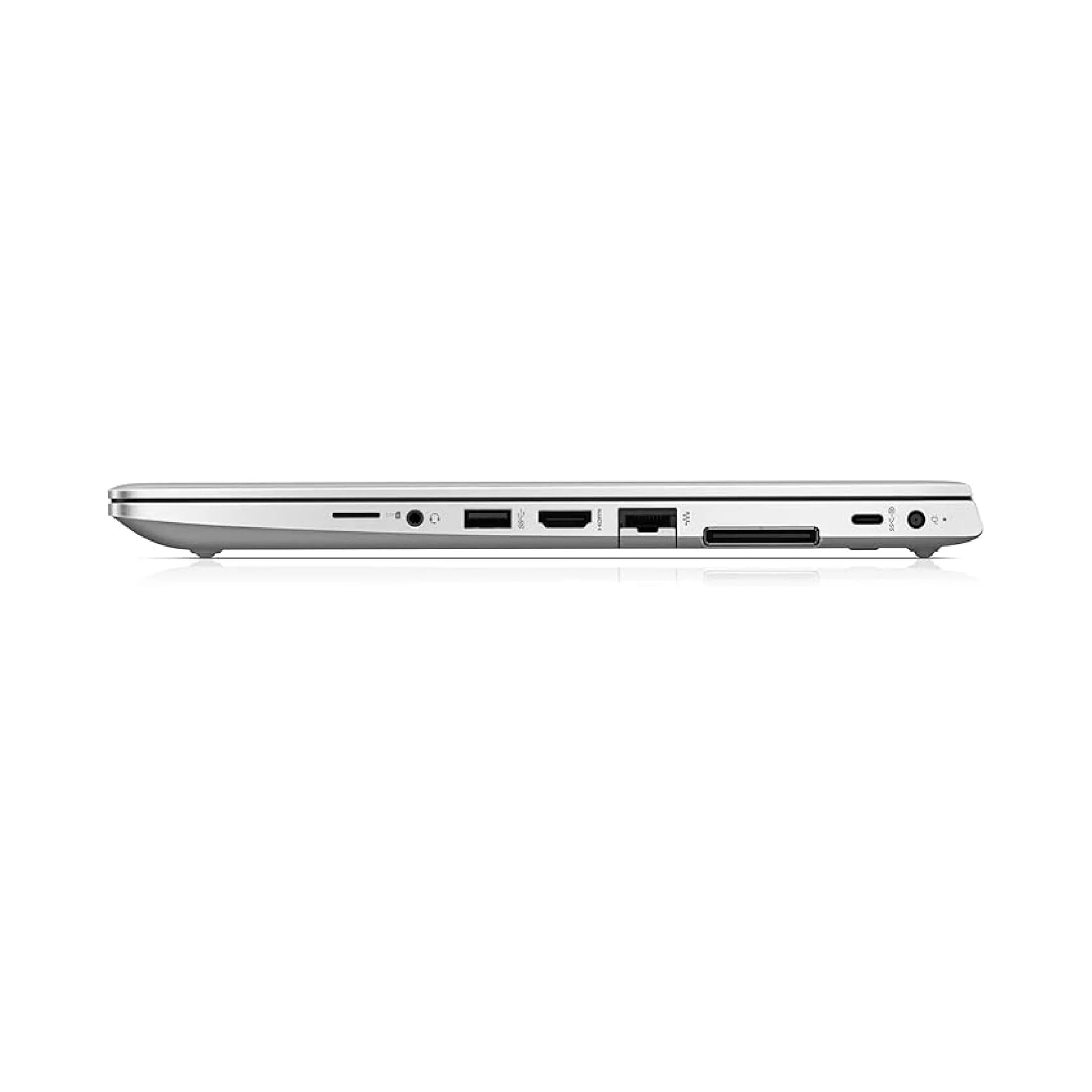 A front-facing view of the silver HP EliteBook 745 G5 laptop, open with the screen displaying a colorful wallpaper.