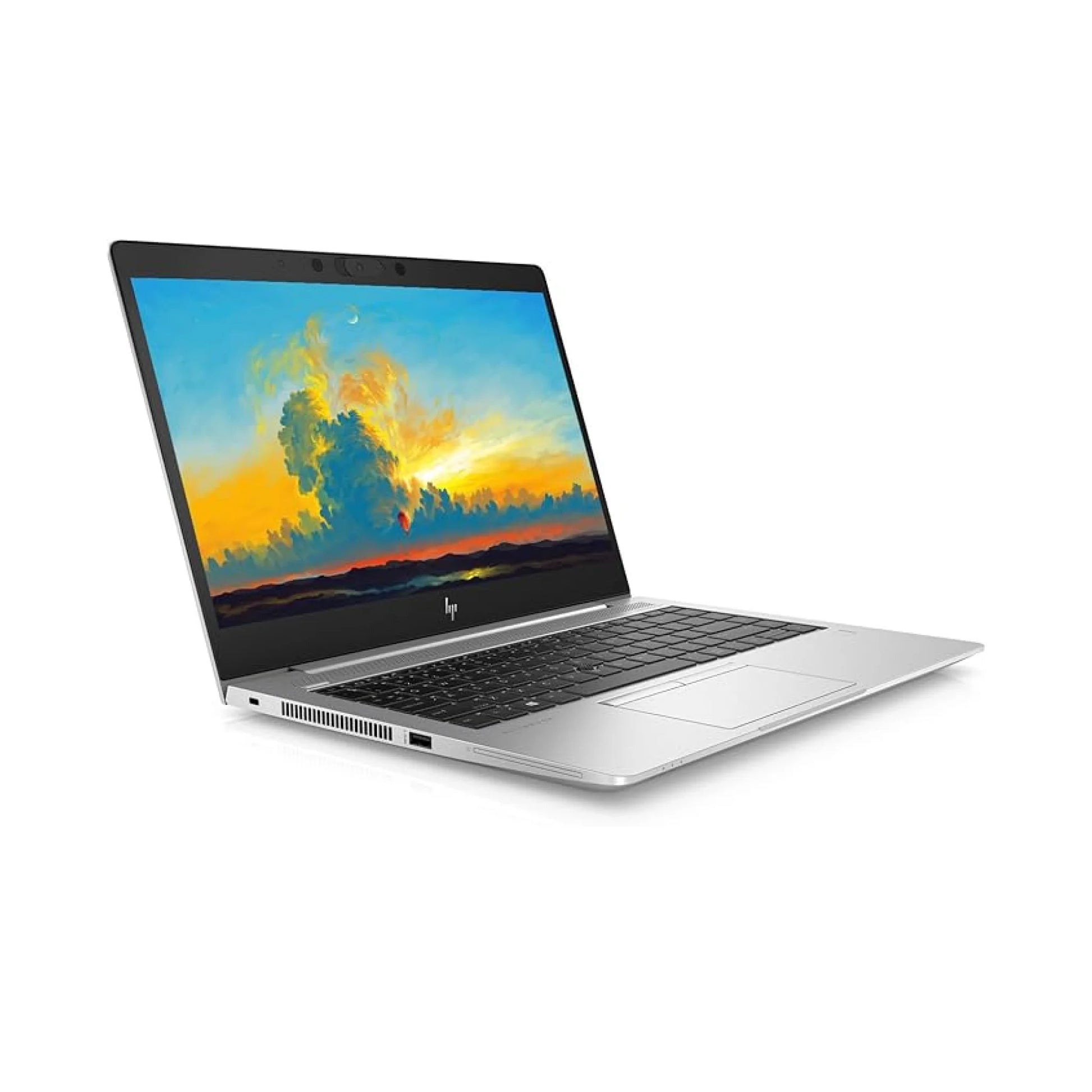 A front-facing view of the silver HP EliteBook 745 G5 laptop, open with the screen displaying a colorful wallpaper.