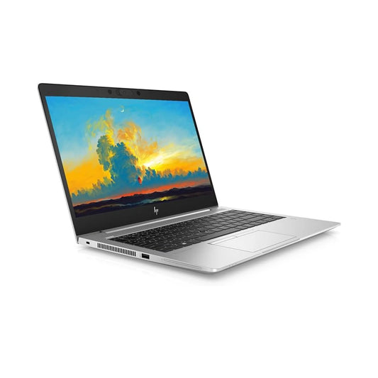 A front-facing view of the silver HP EliteBook 745 G5 laptop, open with the screen displaying a colorful wallpaper.