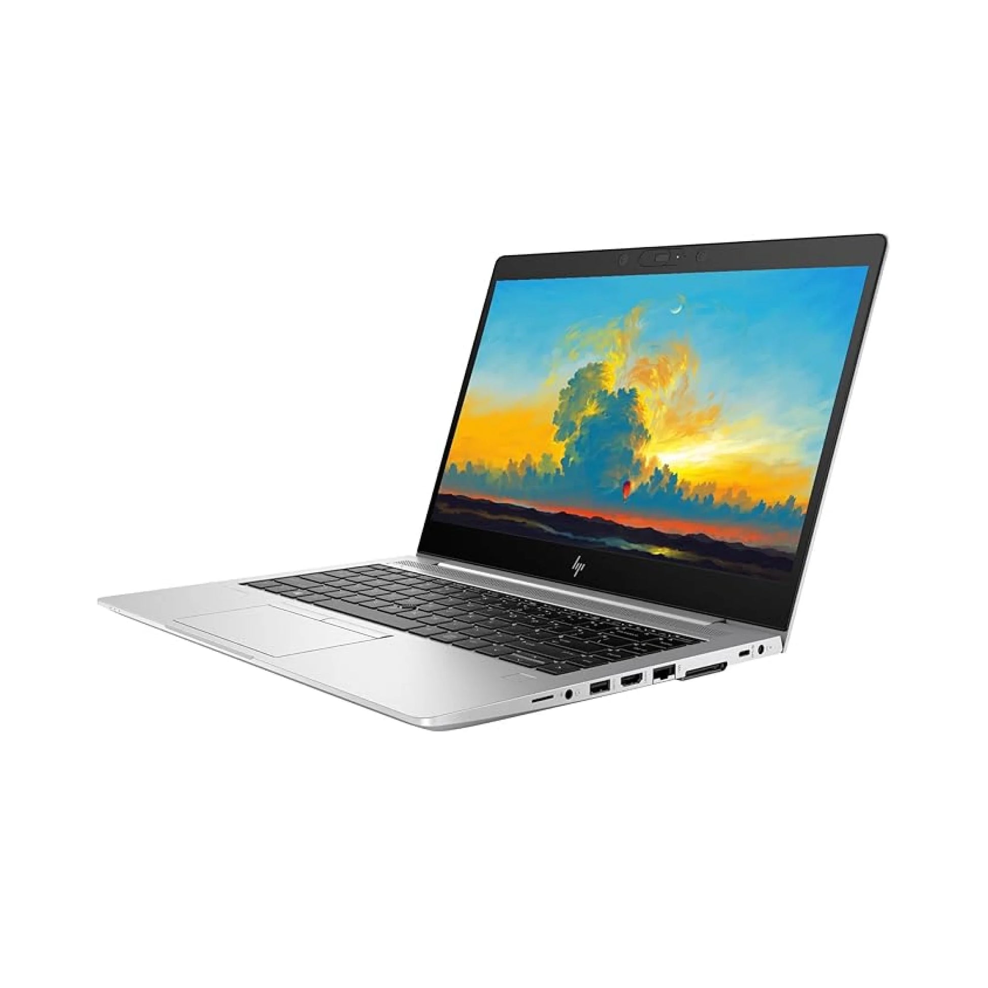 A front-facing view of the silver HP EliteBook 745 G5 laptop, open with the screen displaying a colorful wallpaper.