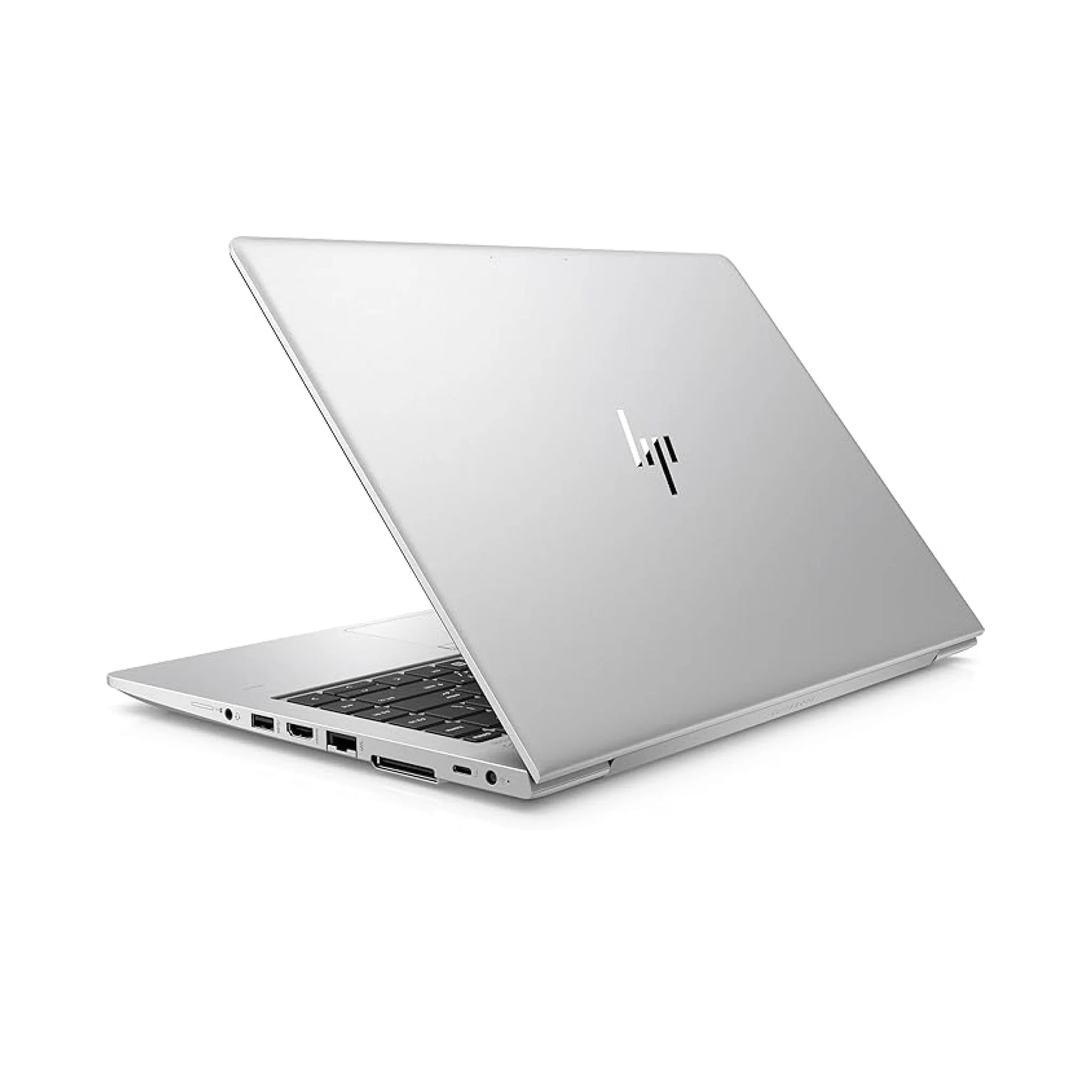 A front-facing view of the silver HP EliteBook 745 G5 laptop, open with the screen displaying a colorful wallpaper.