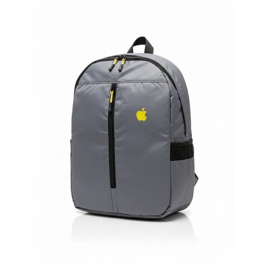 Gray backpack with a yellow Apple logo on a white background