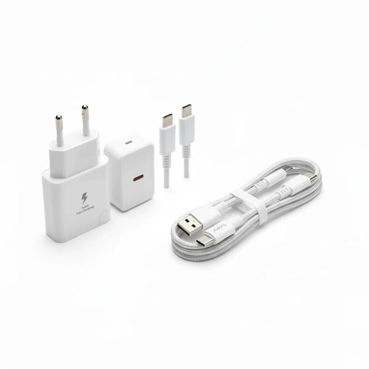 Set of white charging adapter Dadu, cable, and connectors on a white background