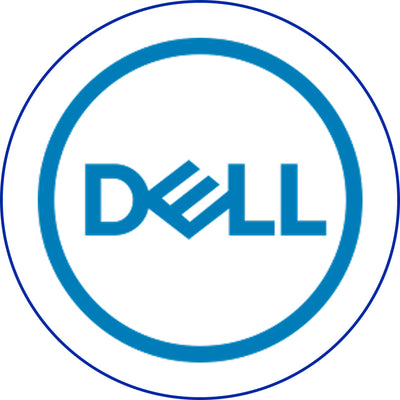 Dell logo in blue text within a white circle on a white background
