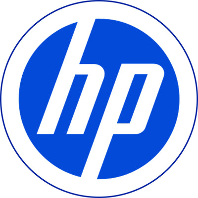 HP logo with white letters on a blue circle background
