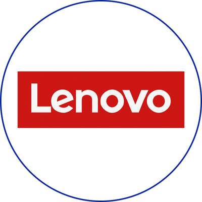 Lenovo logo in a red rectangle with a blue circle around it on a white background