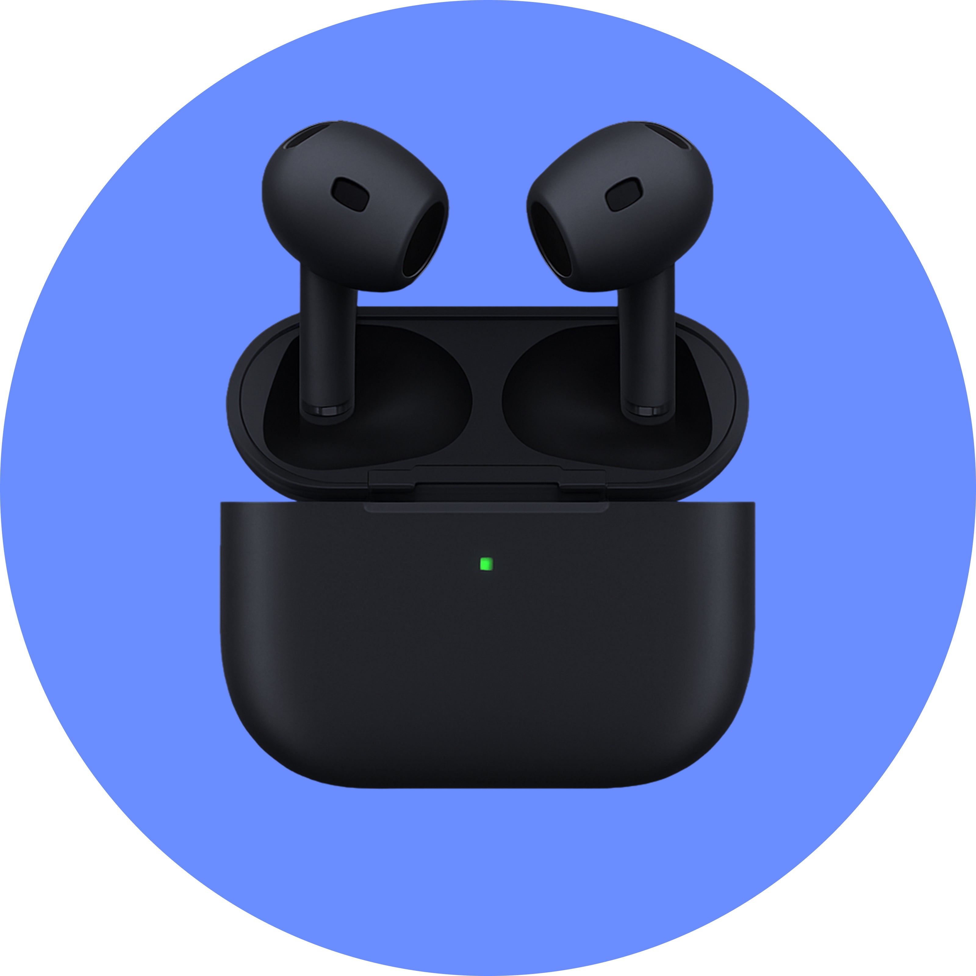 Black wireless earbuds in a charging case on a blue background