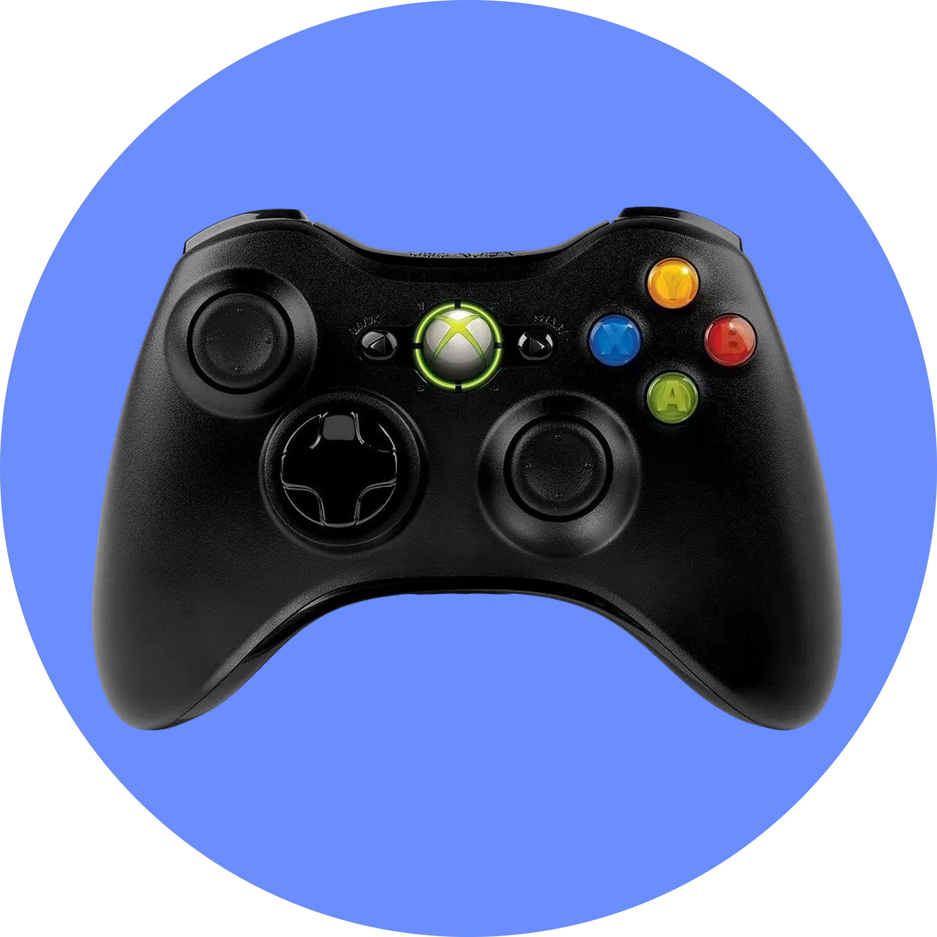 Black gaming controller with colorful buttons on a blue circular background