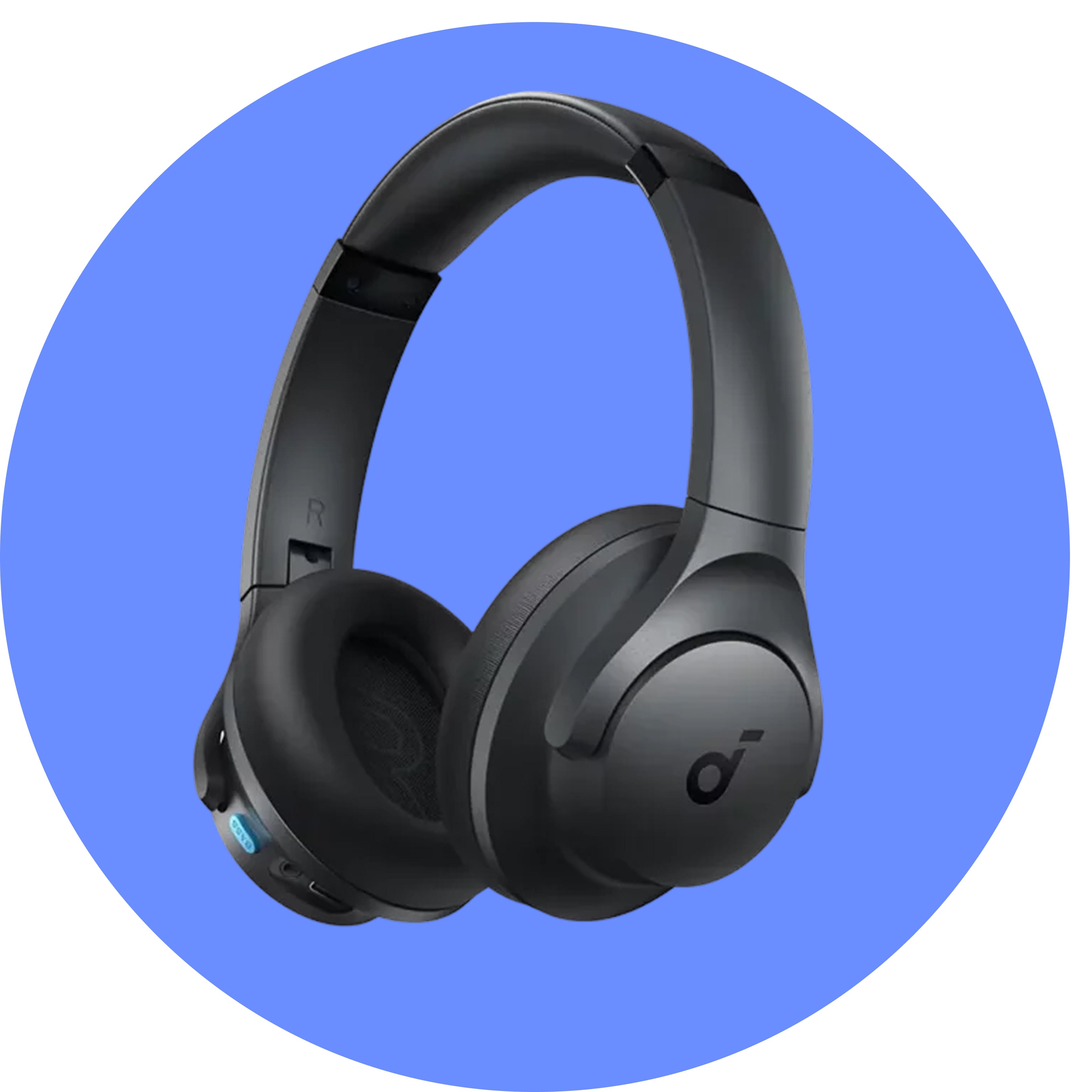 Black headphones on a blue circular background