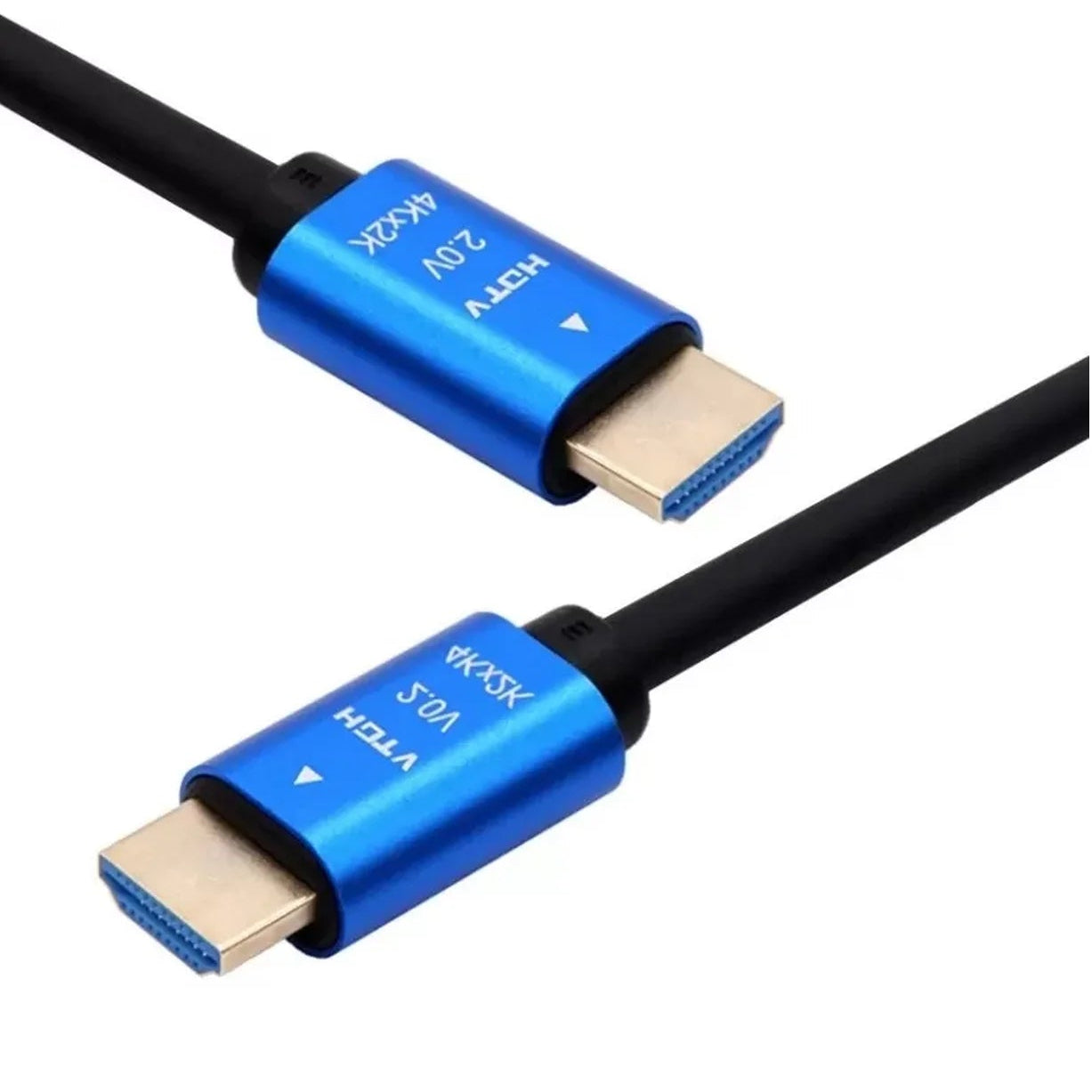 HDMI cable with blue connectors on a white background