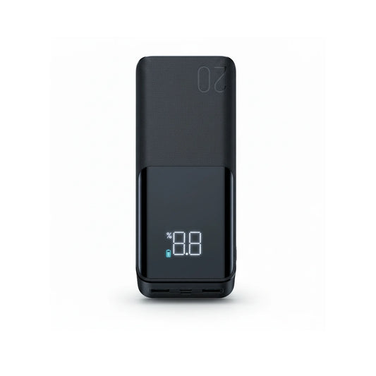 Black power bank with digital display on a white background
