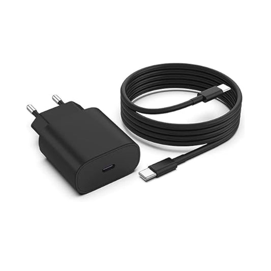 Black charging adapter and cable on a white background