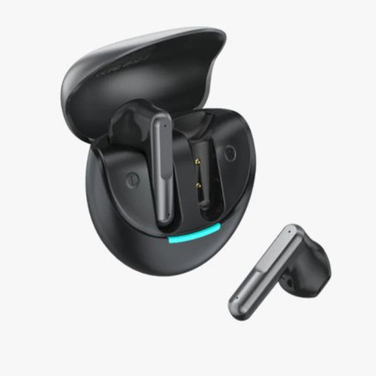 Black wireless earbuds with charging case on a white background