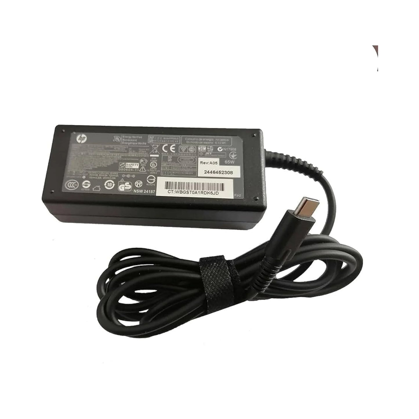 HP laptop power adapter with USB-C cable on a white background