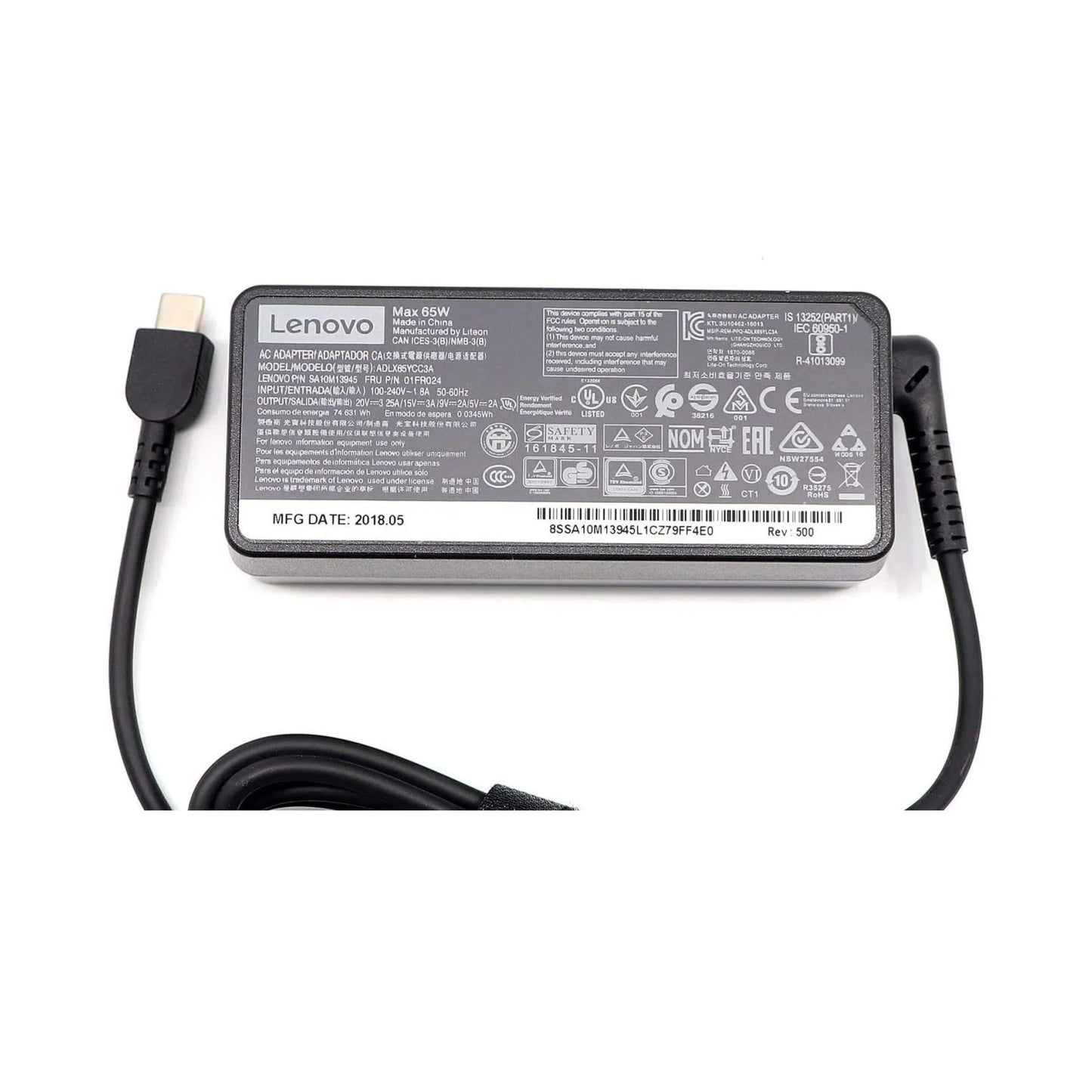 Lenovo laptop charger with USB-C cable on a white background
