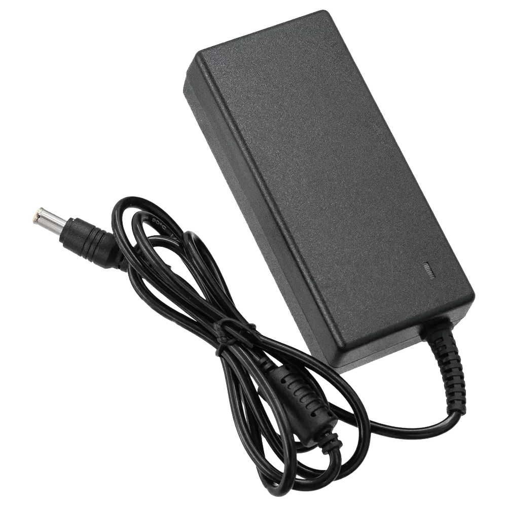 Black power adapter with a cable on a white background