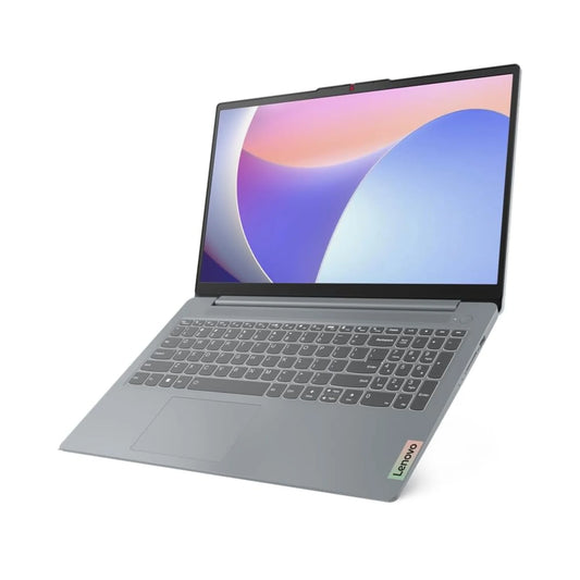 Lenovo laptop with a colorful display on a white background