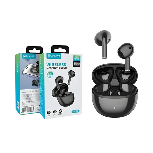 Celebret W61 Black wireless earbuds with charging case and packaging on a white background