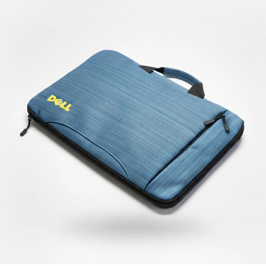 Blue laptop sleeve with Dell logo on a white background