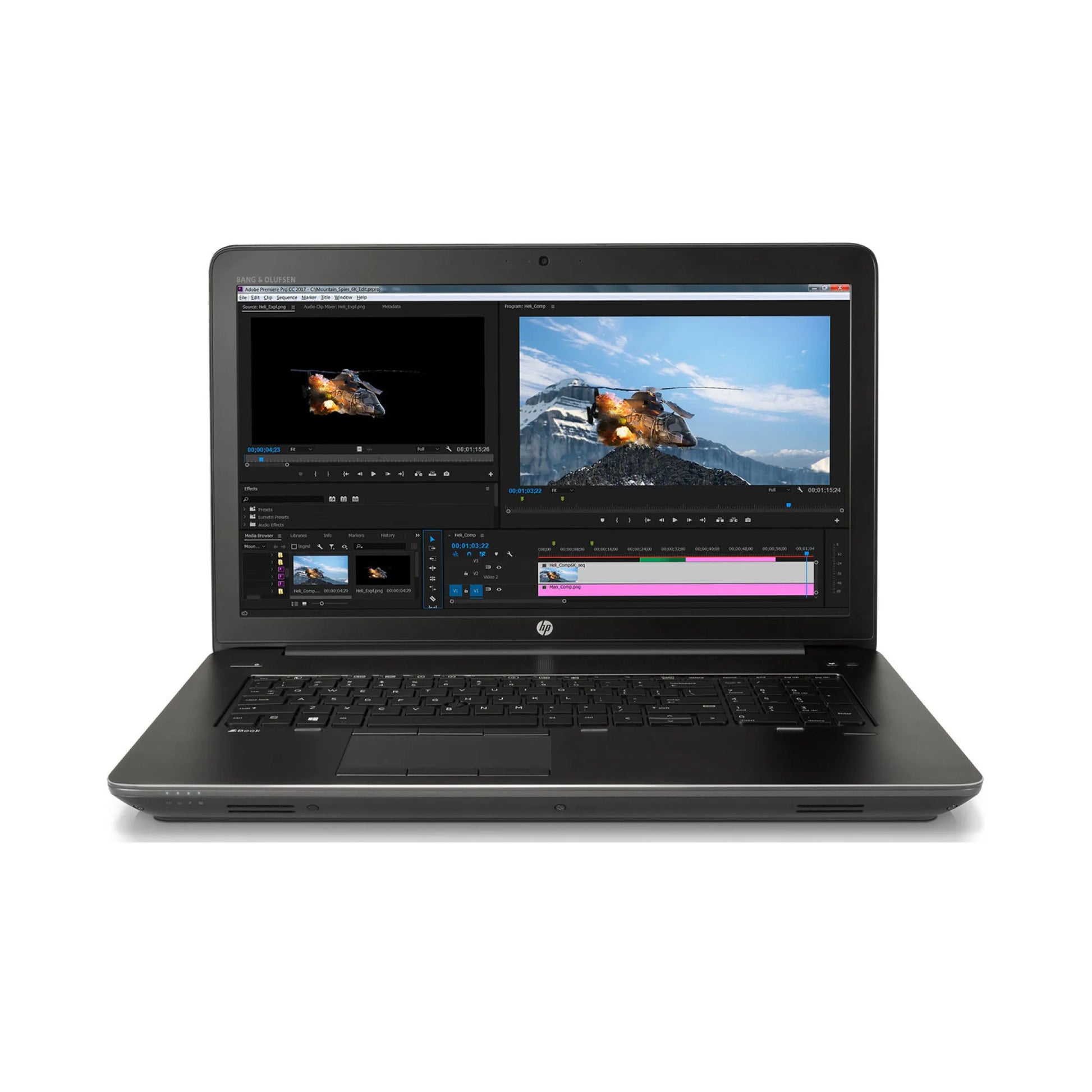 Hp Zbook 17 G4 Laptop Front Side With displaying video editing software on a white background