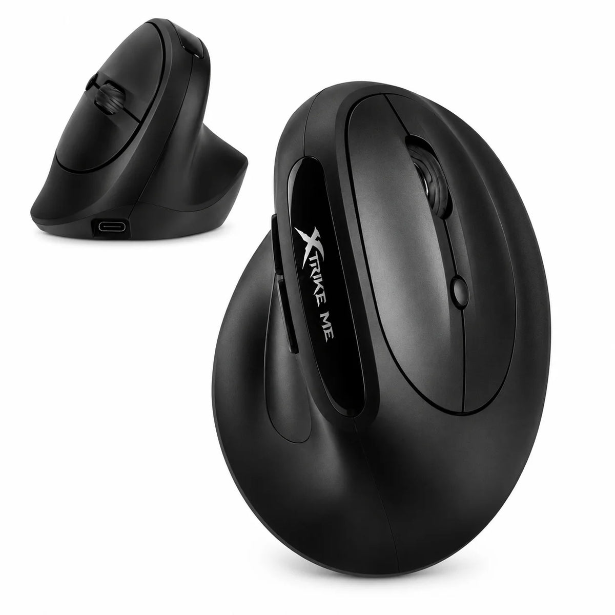 Xtrike Me GW-301 ergonomic vertical wireless mouse in black with USB-C charging port and thumb buttons