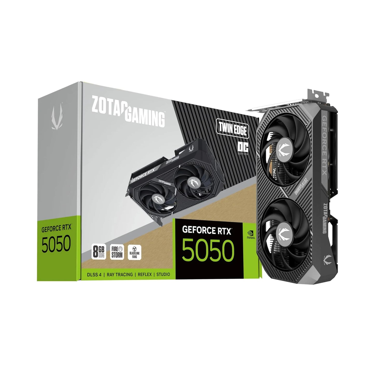 ZOTAC Gaming GeForce RTX 5050 graphics card with packaging on a white background
