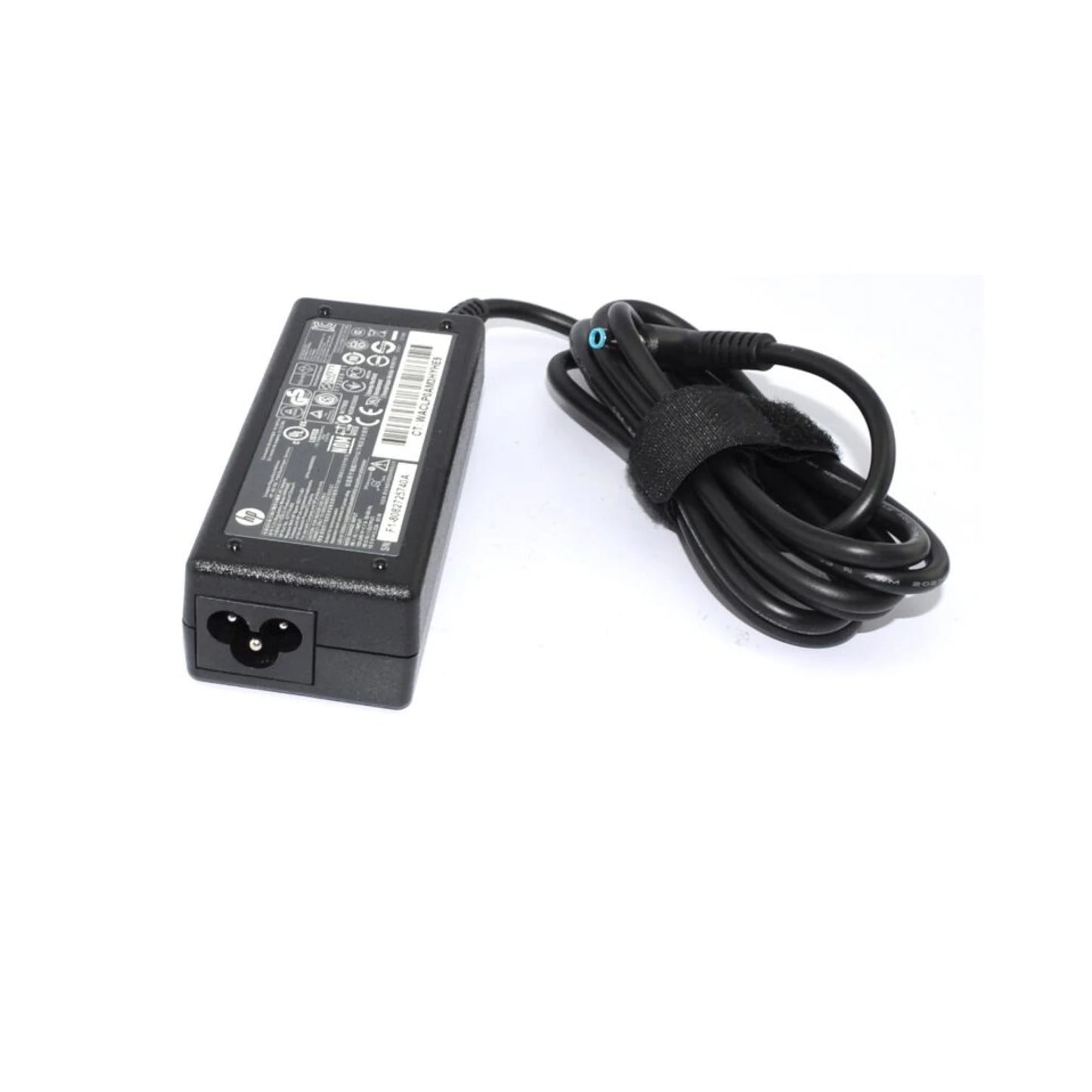 Black laptop charger with power cord on a white background