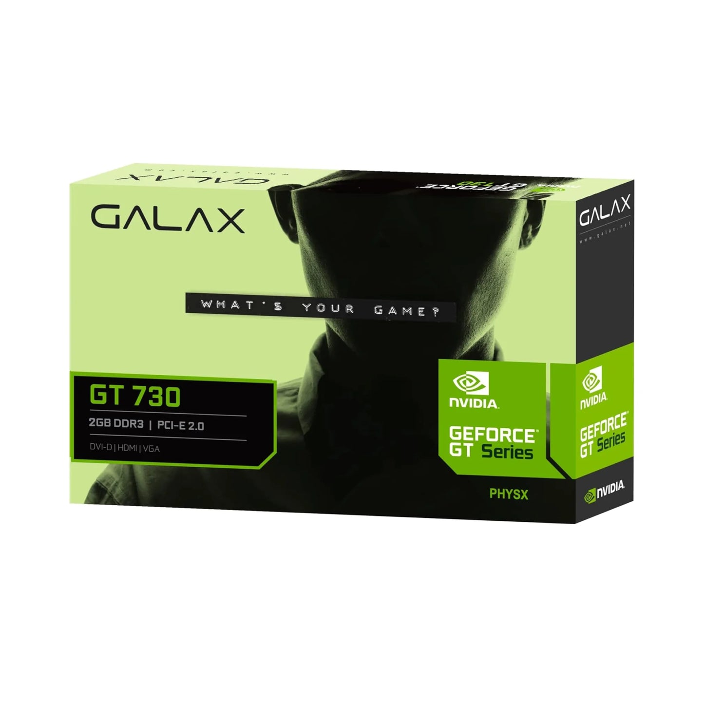 Galax GeForce GT 730 graphics card box with NVIDIA logo on a white background