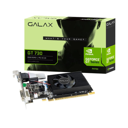 Galax GeForce GT 730 graphics card with packaging on a white background
