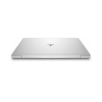 A front-facing view of the silver HP EliteBook 745 G5 laptop, open with the screen displaying a colorful wallpaper.