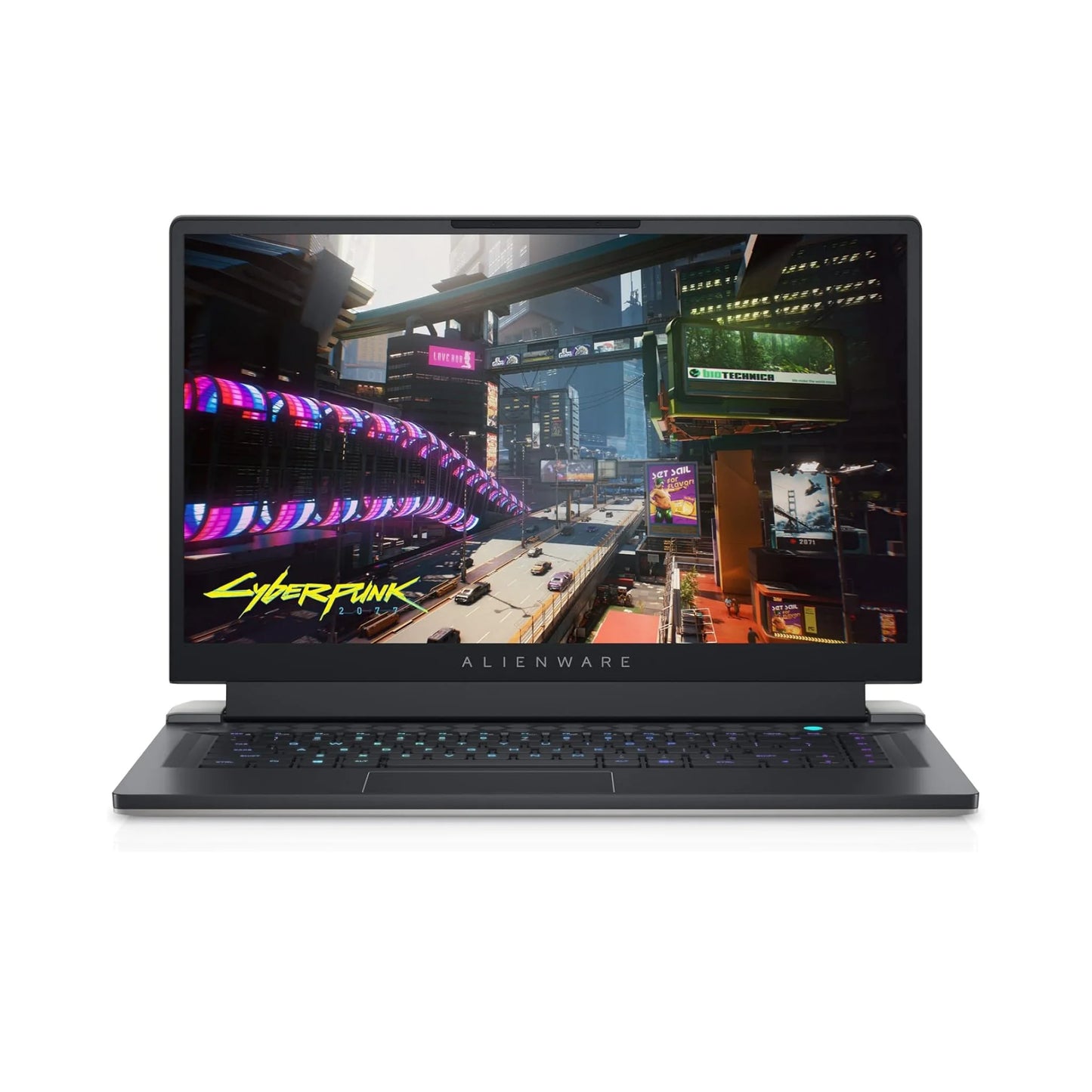 AlineWare x15 Gaming laptop Front Side with 'Cyberpunk' game on screen on a white background