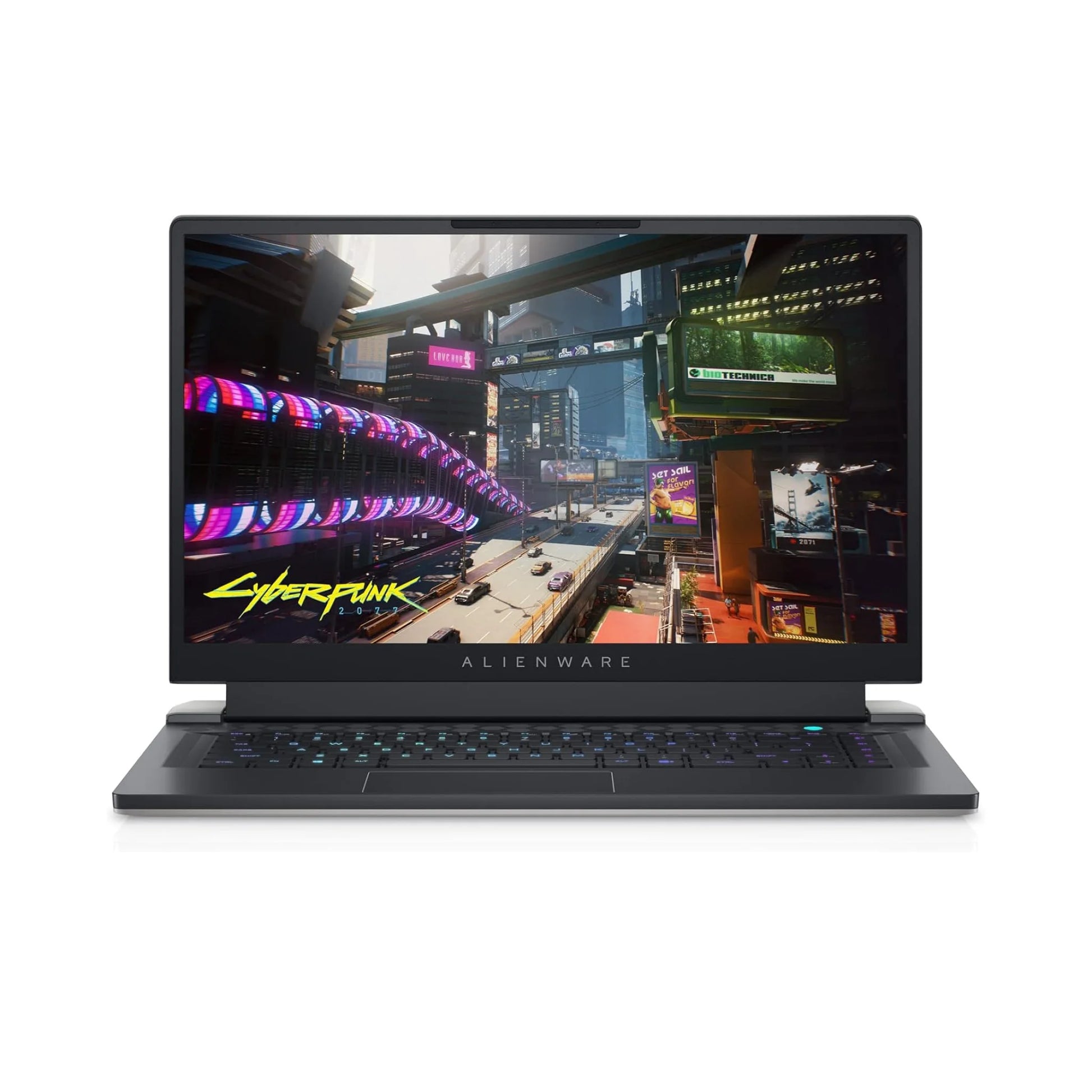 AlineWare x15 Gaming laptop Front Side with 'Cyberpunk' game on screen on a white background