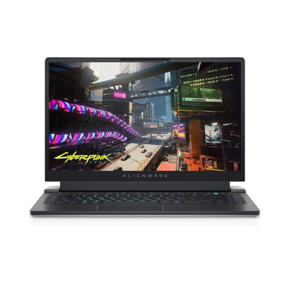 AlineWare x15 Gaming laptop Front Side with 'Cyberpunk' game on screen on a white background