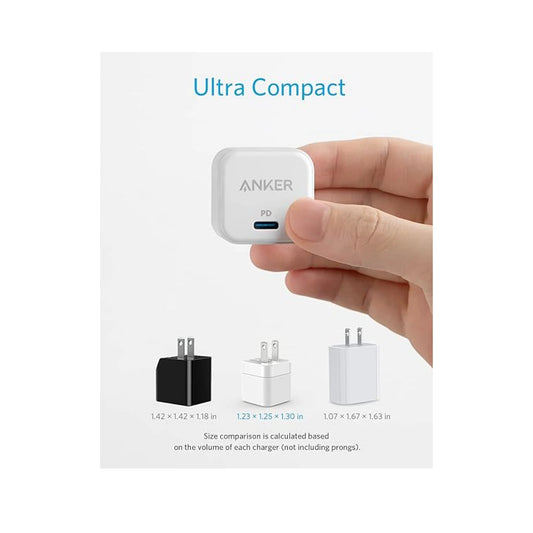 Anker ultra-compact charger with size comparison on a white background