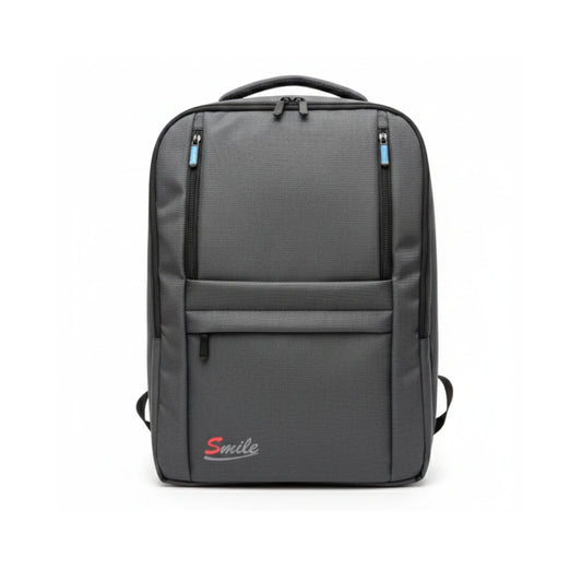 Gray backpack with 'Smile' logo on a white background