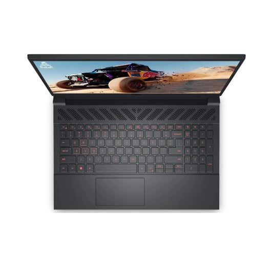 Dell G15 Laptop Keyboard Veiw with a desert scene on the screen on a white background