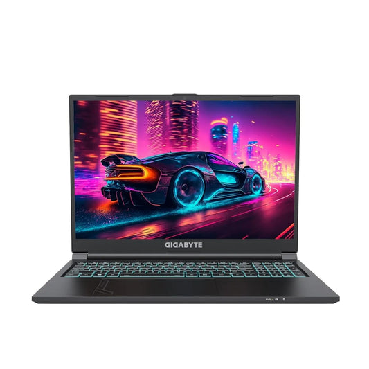 Gigabyte laptop with a colorful car design on the screen against a white background