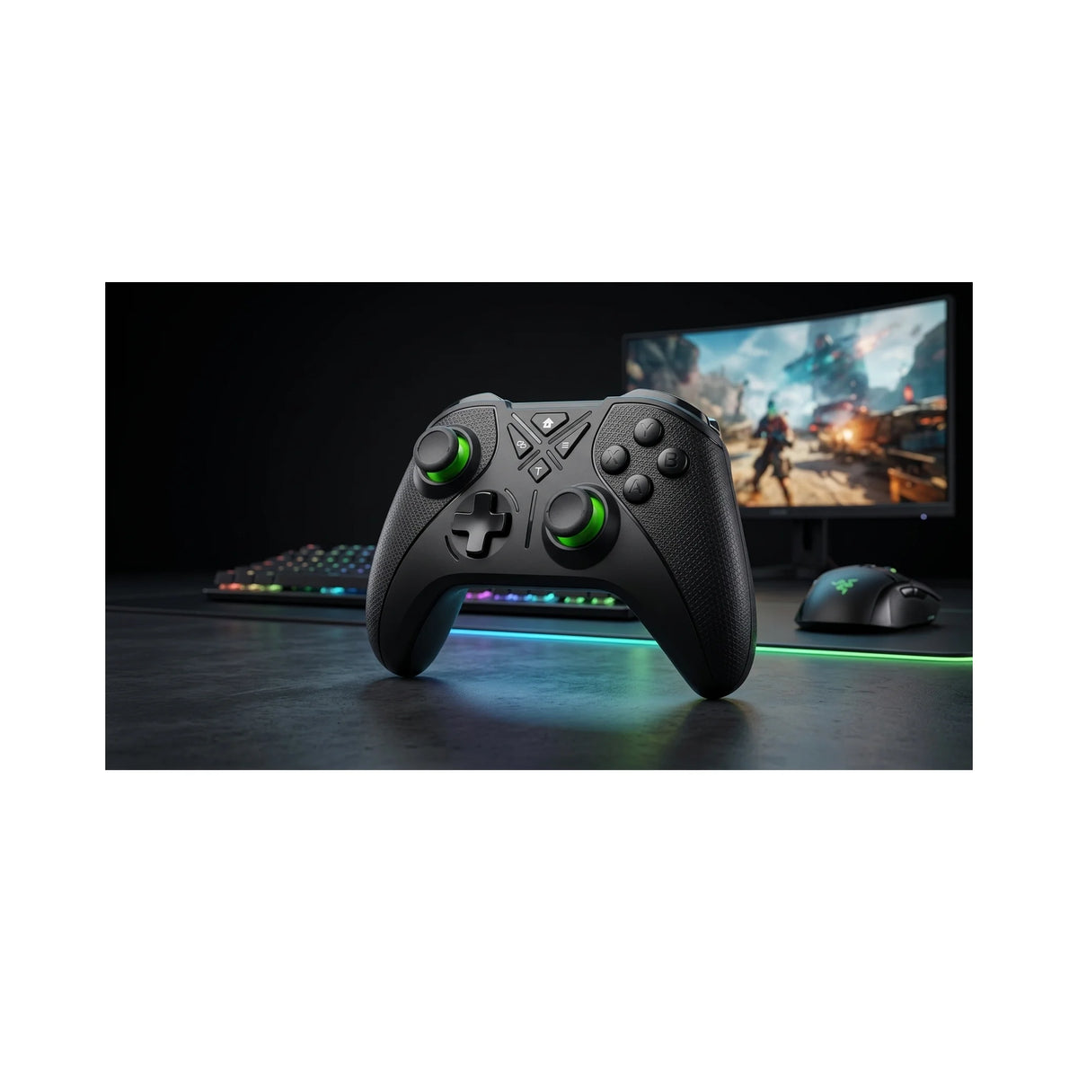 CM-059 2.4GHz wireless gamepad controller with offset dual analog sticks and green accent rings