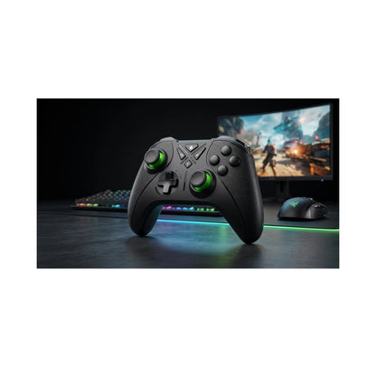 CM-059 2.4GHz wireless gamepad controller with offset dual analog sticks and green accent rings
