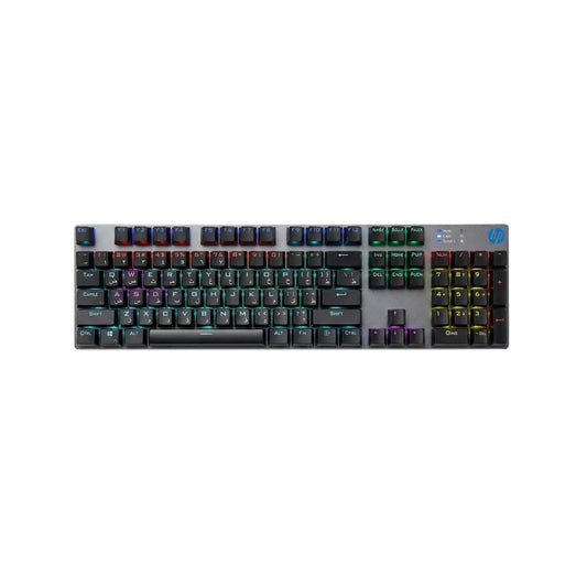 HP GK400F Mechanical keyboard with Rainbow lighting on a white background