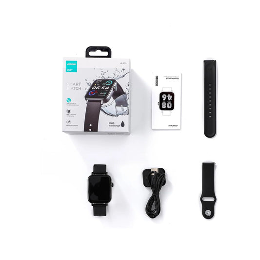 Smartwatch JoyRoom TF5 with packaging, band, and cable on a white background