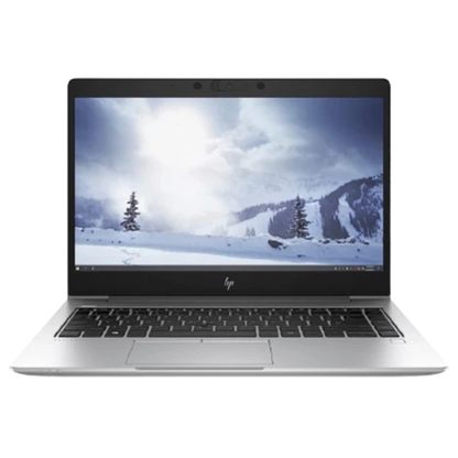 HP laptop with a snowy mountain scene on the screen against a white background