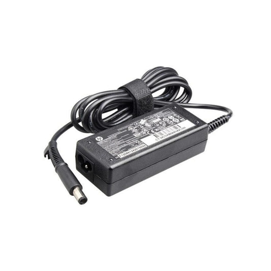 Black HP power adapter with cable on a white background