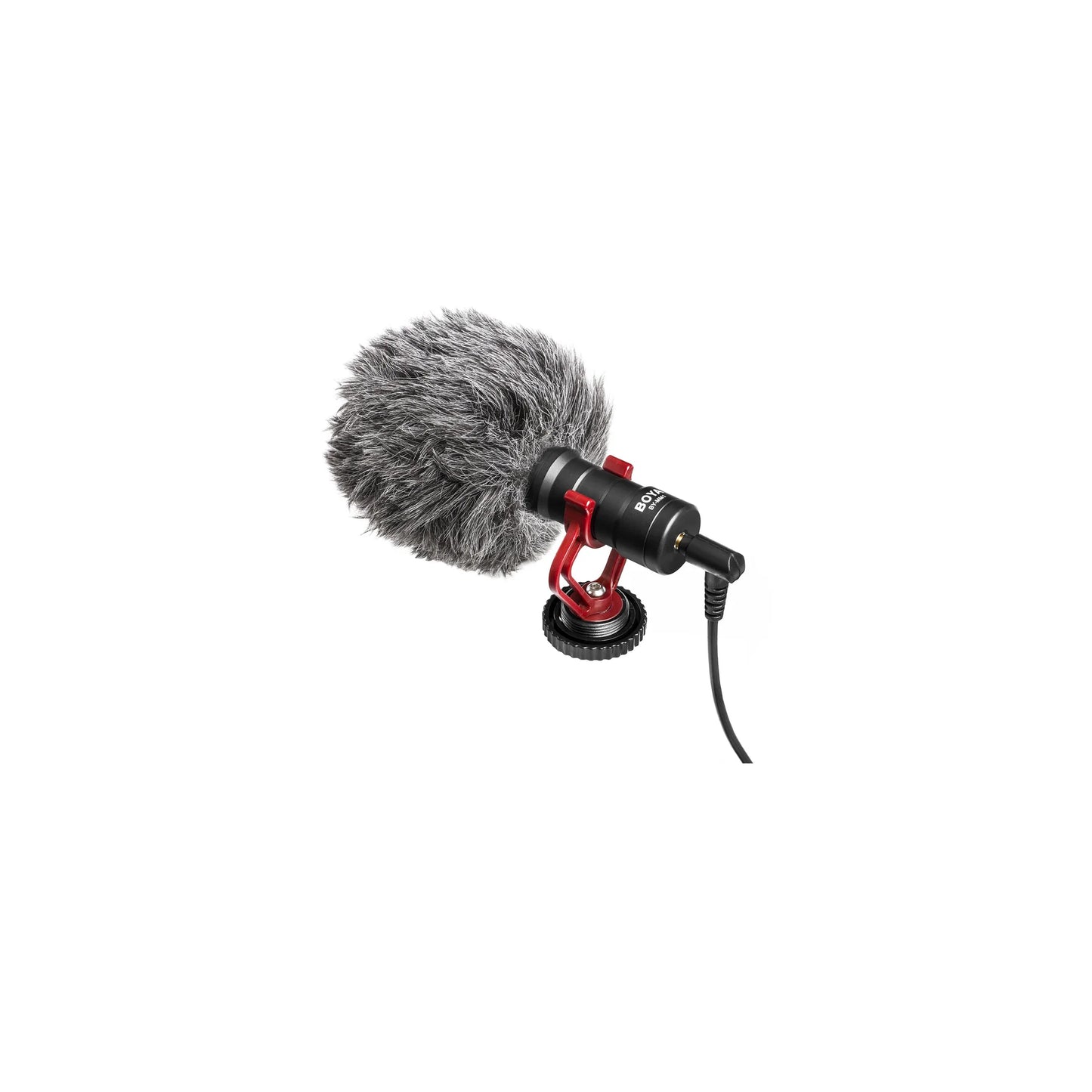 BOYA BY-MM1 cardioid condenser shotgun microphone with shock mount and deadcat windshield mounted on a camera